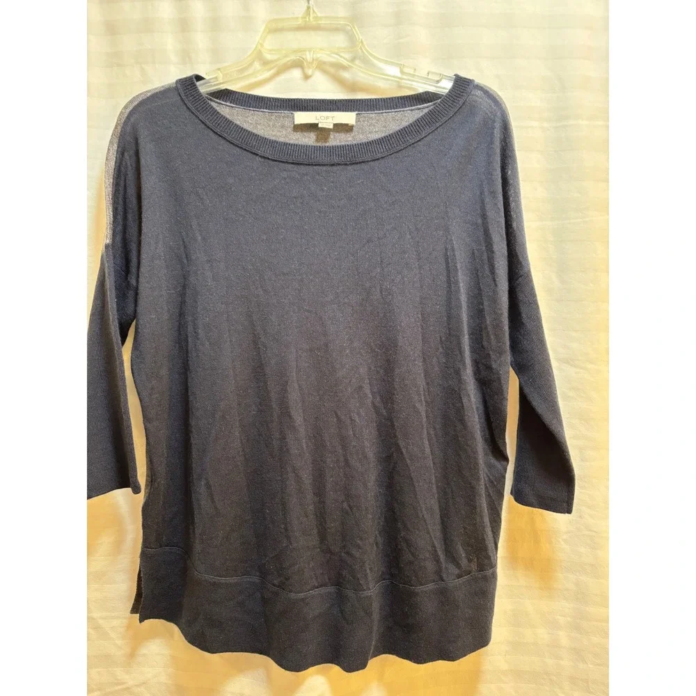 Loft Navy Blue Gray Colorblock MERINO‎ WOOL Blend Sweater Scoop Neck 3/4 Sleeve